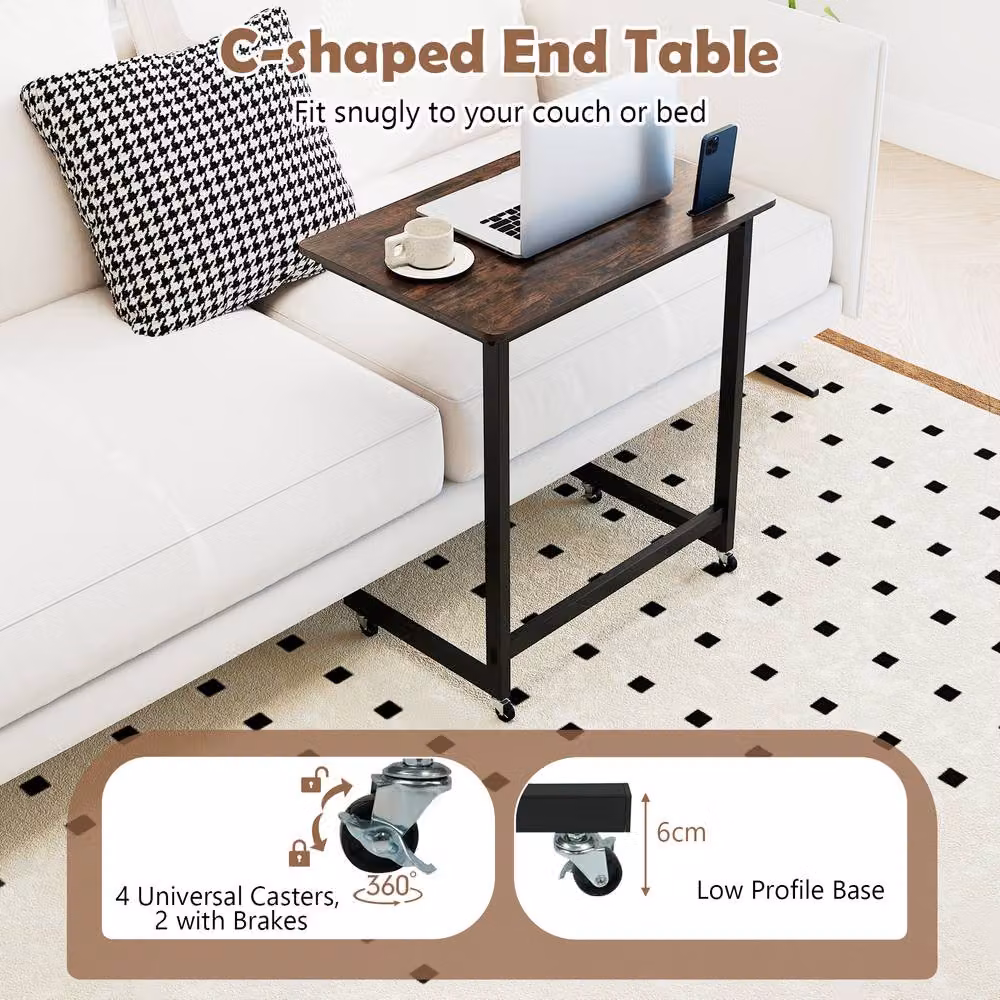 Costway C-shaped Mobile Bedside Table with Wheels and Built-in Phone Slot in Brown – 7