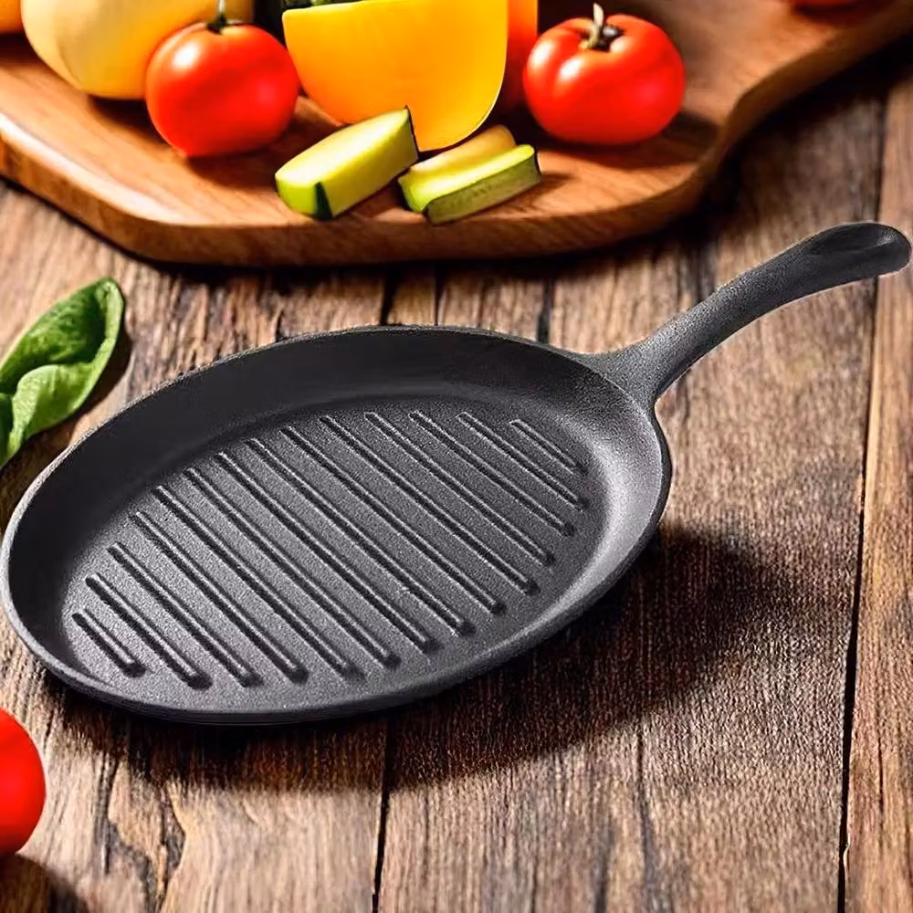 VOGREX Black Oval Cast Iron Sizzling Steak Platter and Fajitas Grill with Wooden Base – 5