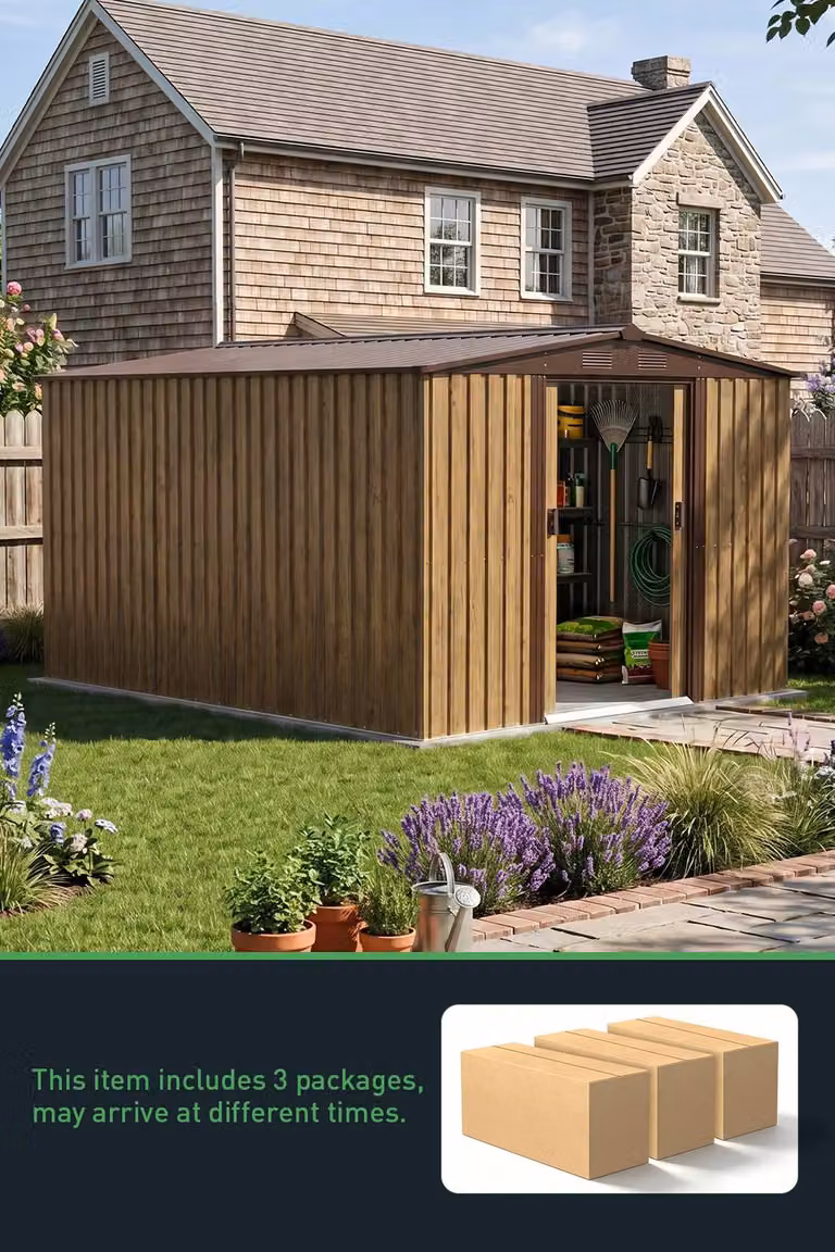 Living and Home Large Metal Garden Tool Storage Shed with Double Doors and Gable Roof, Brown, W: 304.8 cm x D: 243.84 cm