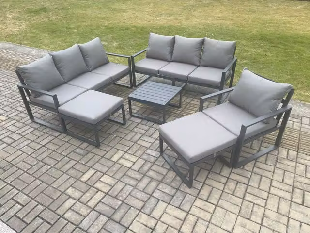 Fimous Modern L-Shape Aluminium Outdoor Lounge Sofa Set in Dark Grey with Coffee Table and Two Ottomans