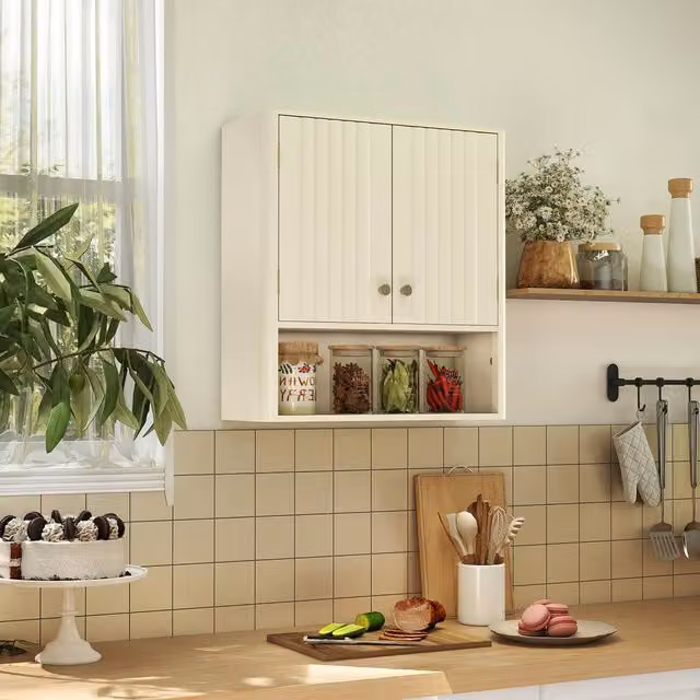Costway Fluted Wooden Wall Mounted Bathroom and Kitchen Medicine Cabinet with 2 Doors and Internal Shelves in Beige