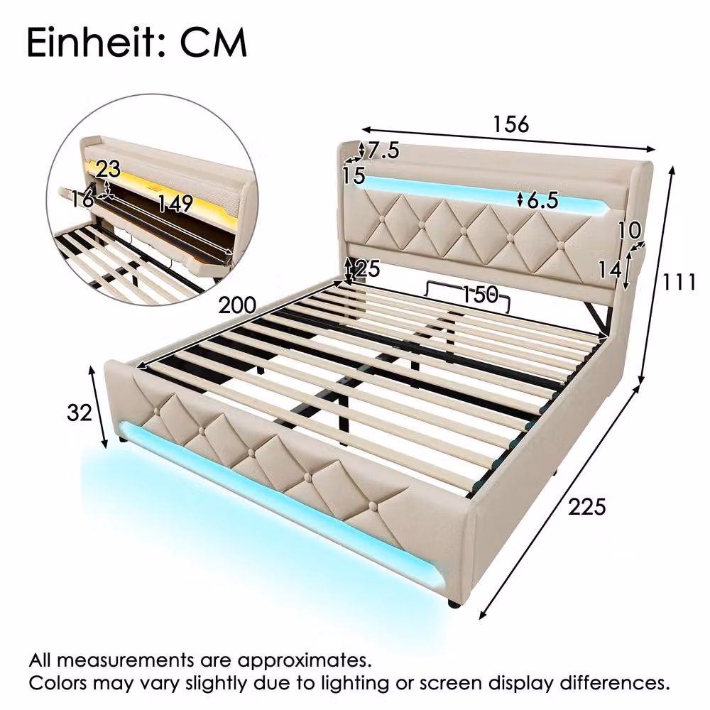 BTM Double Ottoman Bed in Beige with LED Lighting, USB Charging Port and Storage Headboard, W/D/H: 140 x 200 x 156 cm – 2