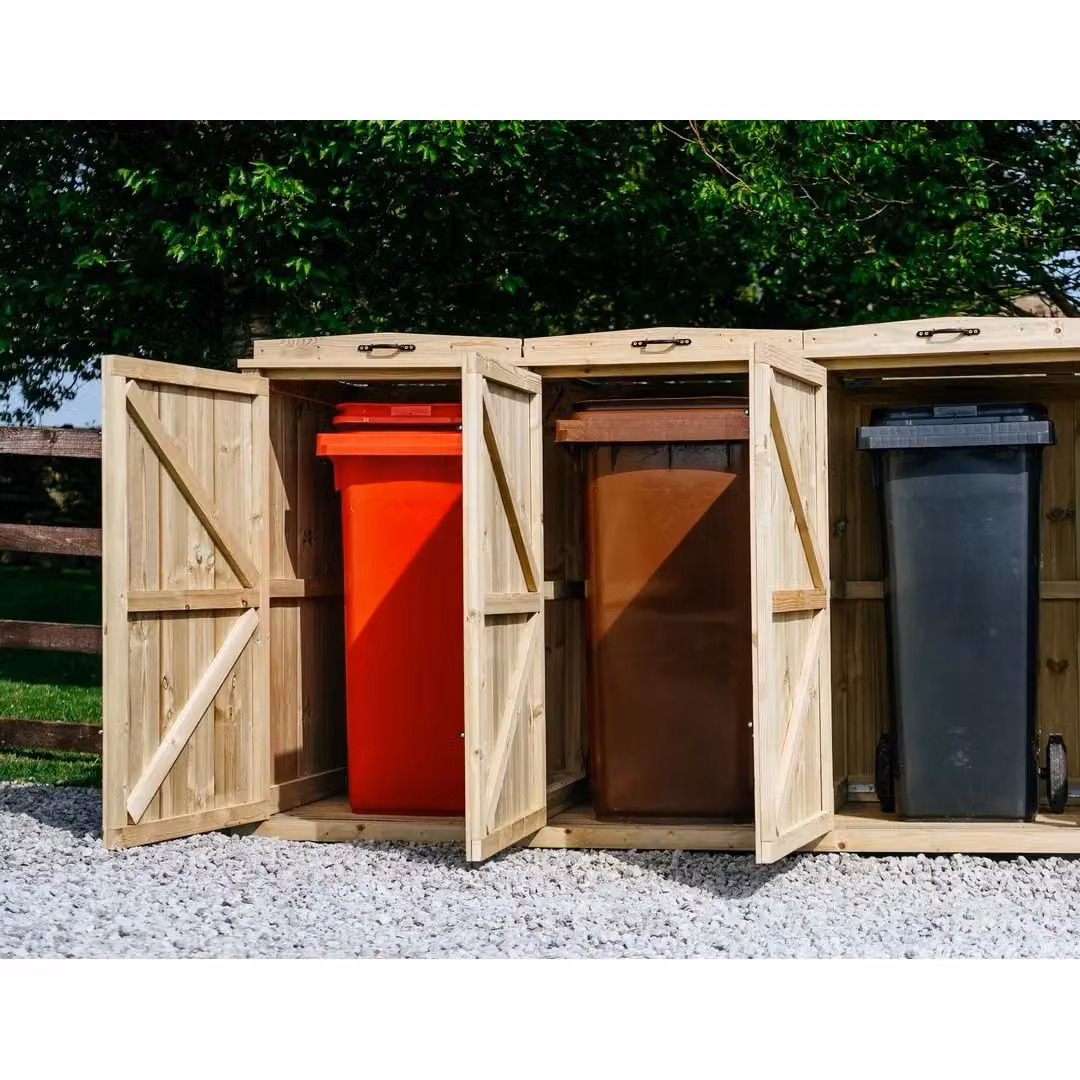 Buttercup Farm Brown Wooden Bin Store for 3x 180L/240L Wheelie Bins and 4x Boxes, W/D/H: 146.0 x 120.0 x 80.4 cm – 3