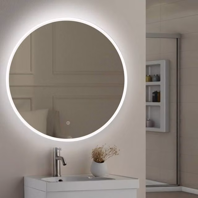 Bathroom Kingdom Lily Round Illuminated LED Mirror in Silver, Diameter: 80 cm