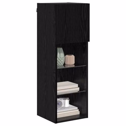 vidaXL Set of 2 Modern Wall-Mounted TV Cabinets in Black Oak with Integrated Lighting and Glass Doors