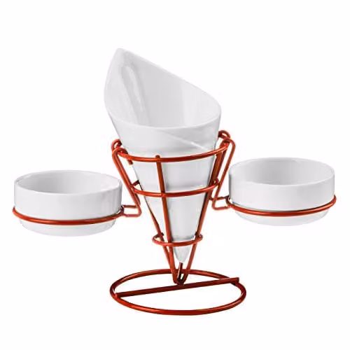 Premier Housewares Ceramic French Fry Cone with Stand and 2 Dip Dishes, White and Red