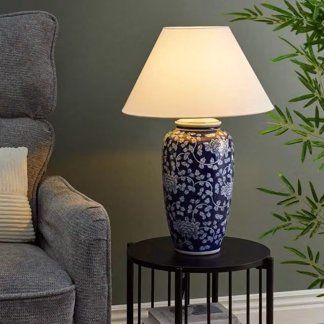 Wyld and Coco Blue and White Ceramic Table Lamp with Fabric Shade – 1
