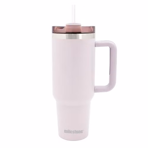 Milestone Camping 40oz Insulated Stainless Steel Travel Mug with Straw, Handle and Lid in Pebble – 1