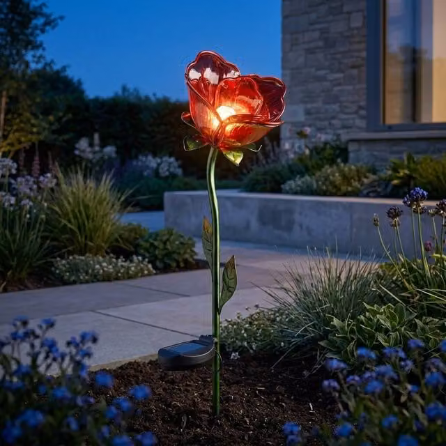 Garden Greatness Lunaria Red Rose Solar Garden Stake Light in Red and White