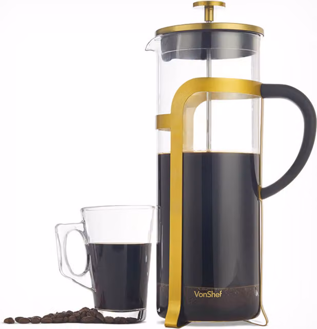 VonShef 1.5L 12 Cup French Press Cafetiere in Gold and Black