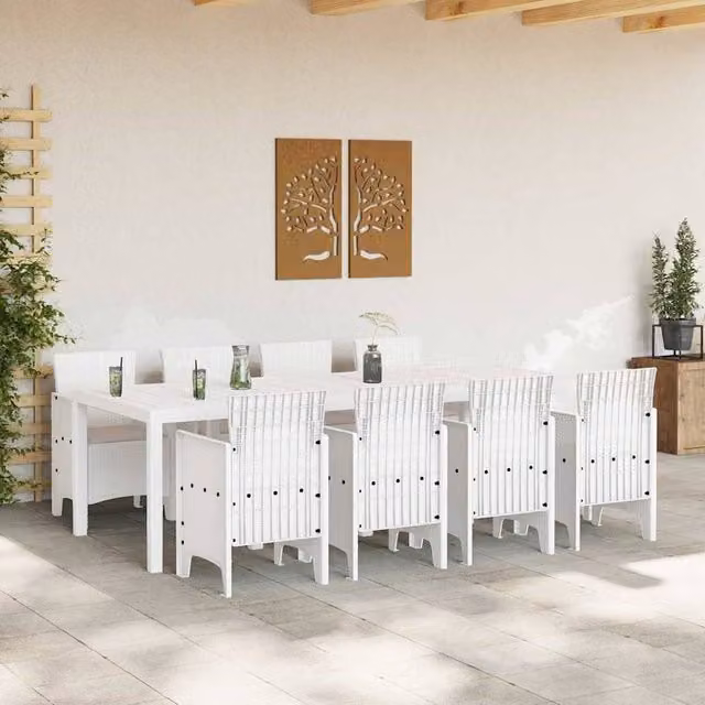 Berkfield Home 9 Piece White Poly Rattan Garden Dining Set with Light Grey Cushions – 1