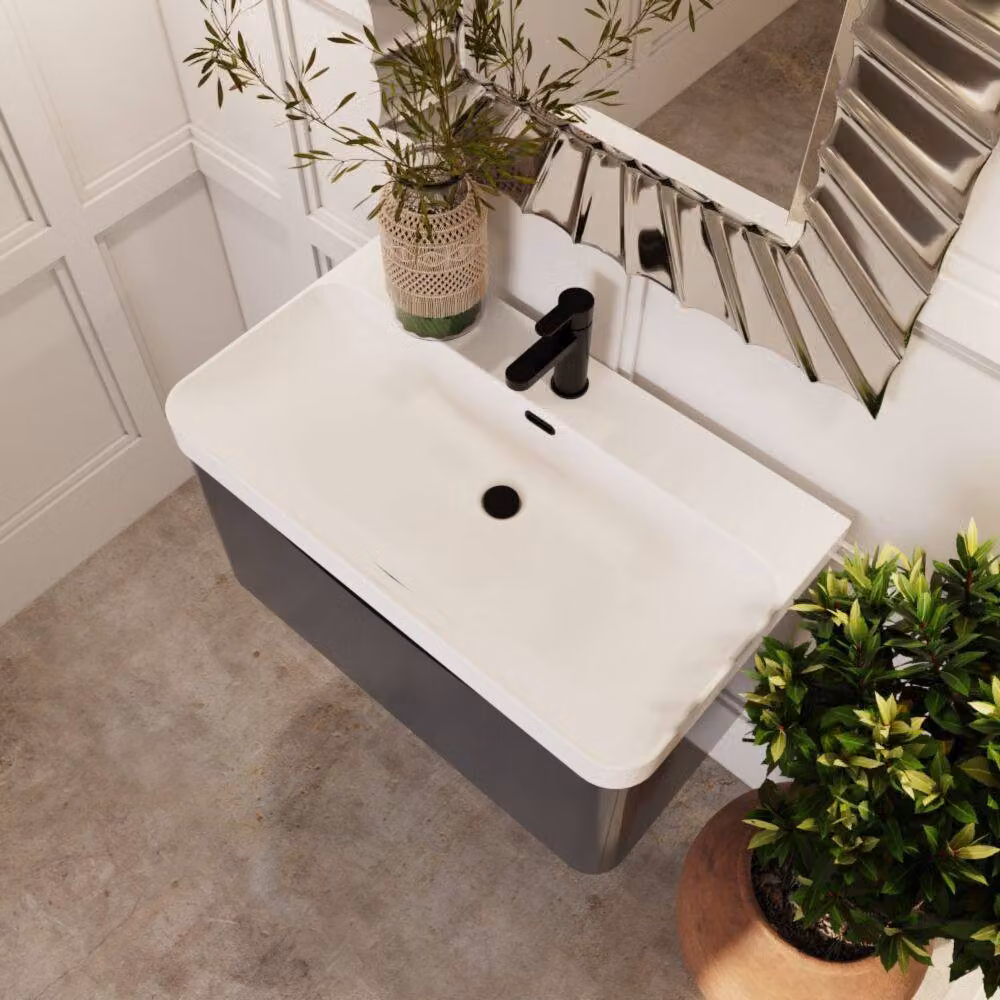 Balterley Arch Wall Hung 1 Drawer Bathroom Vanity with Ceramic Basin, Grey, Width: 80 cm – 3