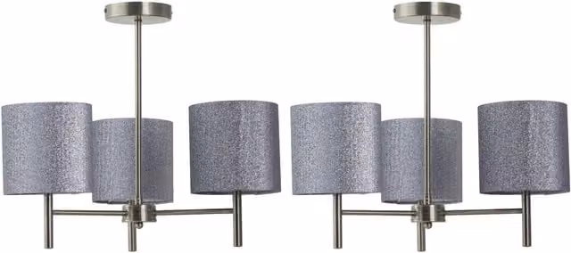 First Choice Lighting Brea Set of 2 Antique Brass Ceiling Light Fittings with Gold and Silver Glitter Fabric Cylinder Shades, W/D/H: 42.5 x 40.0 x 52.0 cm
