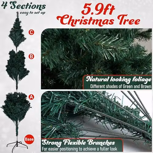 Deco Express Realistic Artificial Green Christmas Tree with Stand, H: 180 cm, W: 25.4 cm, D: 25.4 cm – 2