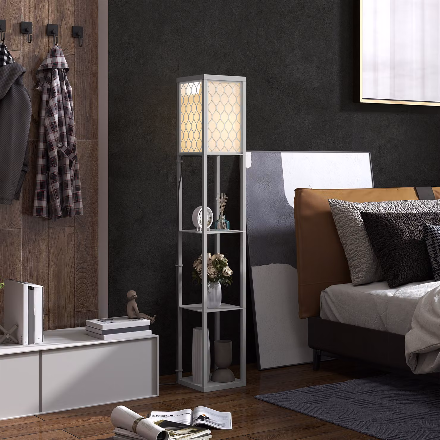 HOMCOM Three-Shelf Standing Floor Lamp in Grey and White with Wood and Metal Design – 2