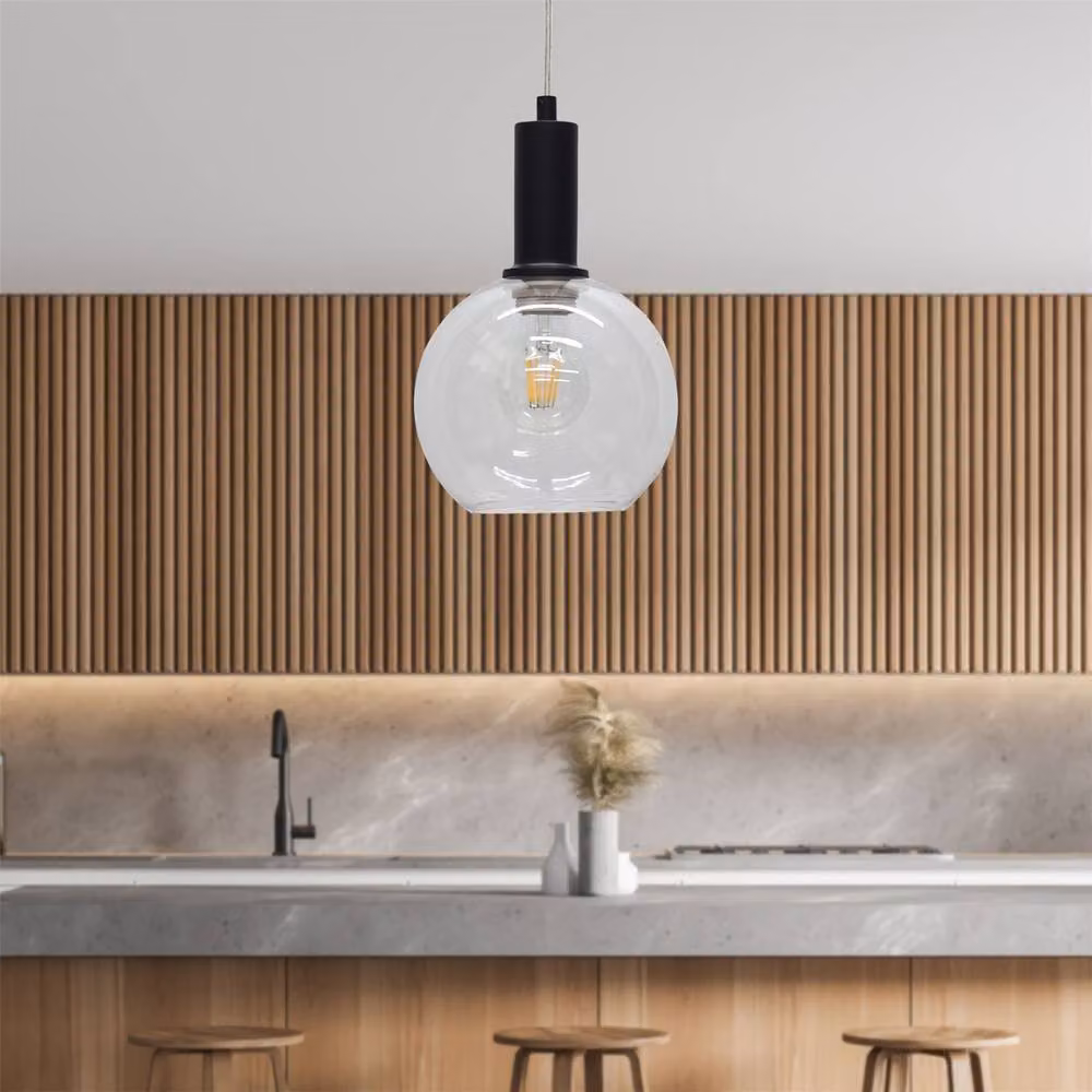 First Choice Lighting Barnum Art Deco Pendant Fitting with Black Metal and Transparent Glass Sphere Globe – 2