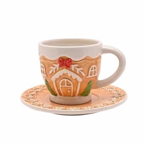 Widdop and Co Santa and Friends Gingerbread House Ceramic Teacup and Saucer Set in Red and Multicolour