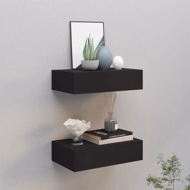 Berkfield Home Wall-mounted Drawer Shelves, 2 Piece Set in Black MDF and Metal, W: 40 cm, D: 23.5 cm, H: 10 cm