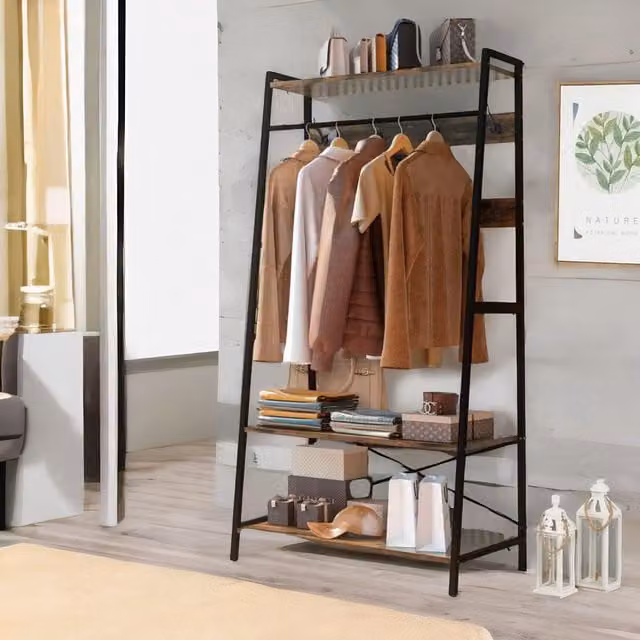 FURNOS Industrial Hall Tree Coat Rack Stand with 2 Shelves and 8 Hooks, Brown, H 182 cm x W 100 cm x D 42 cm – 1