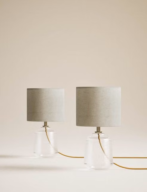 M&S Set of 2 Ribbed Glass Small Table Lamps in Transparent