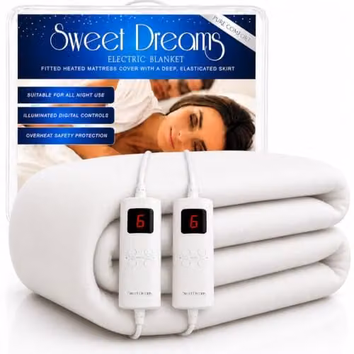 Sweet Dreams Double Electric Heated Mattress Cover with Dual Controls and Elasticated Skirt, W: 137 cm, D: 193 cm, H: 40 cm, White – 1