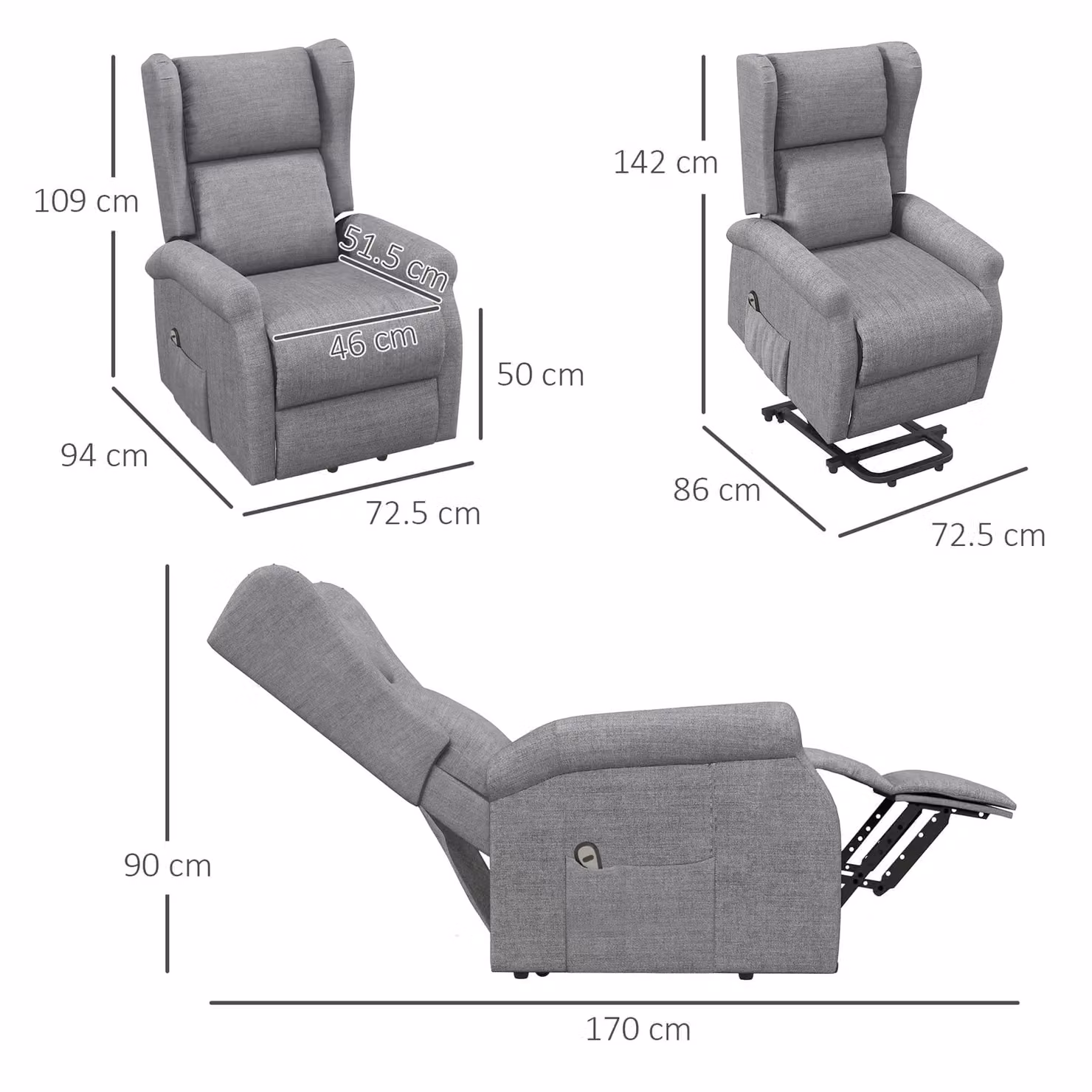 HOMCOM Grey Fabric Electric Riser Recliner Armchair with Power Lift Assist for Seniors – 3