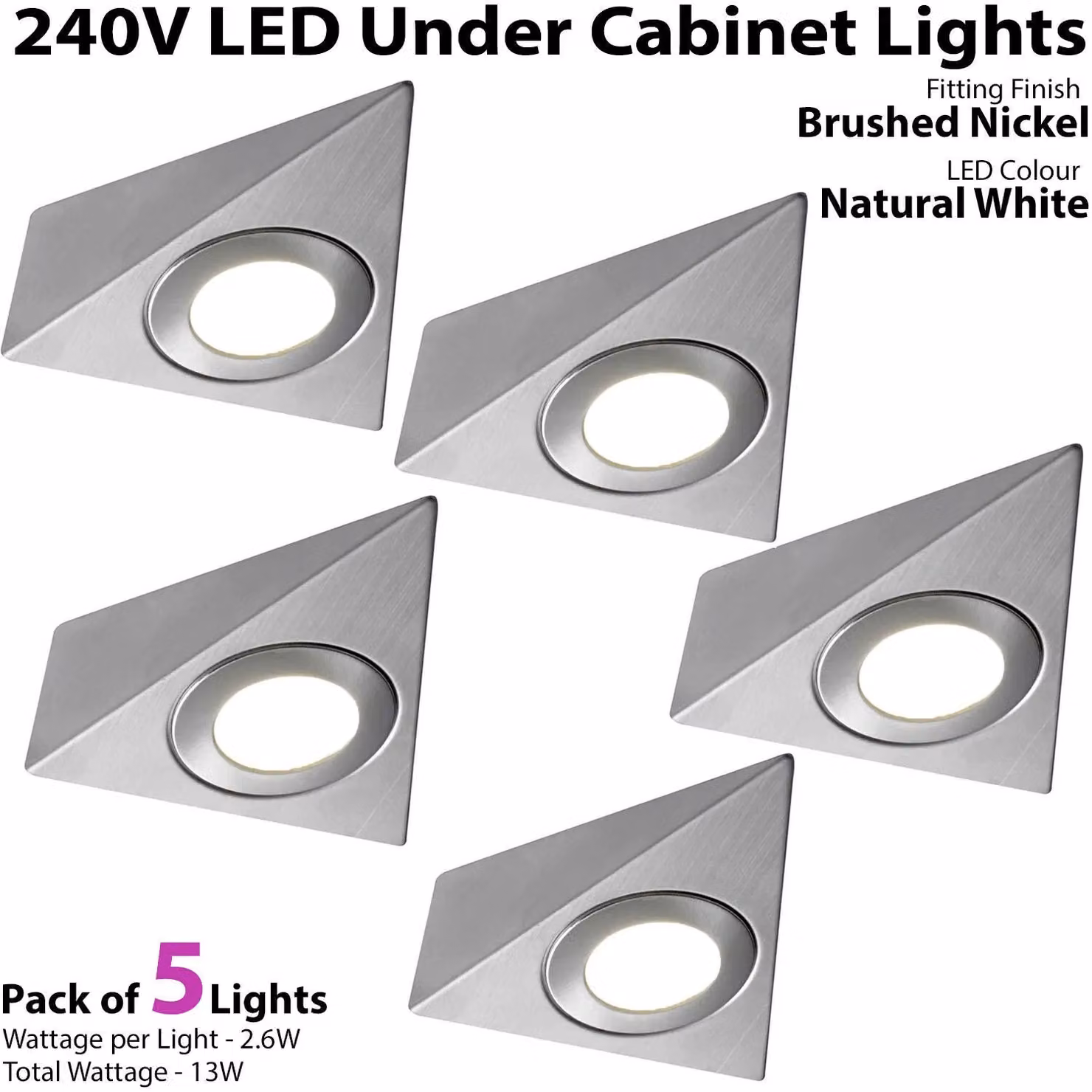 Loops 5x Brushed Nickel Triangle Surface Under Cabinet Kitchen LED Light Kit, Natural White, Silver – 2