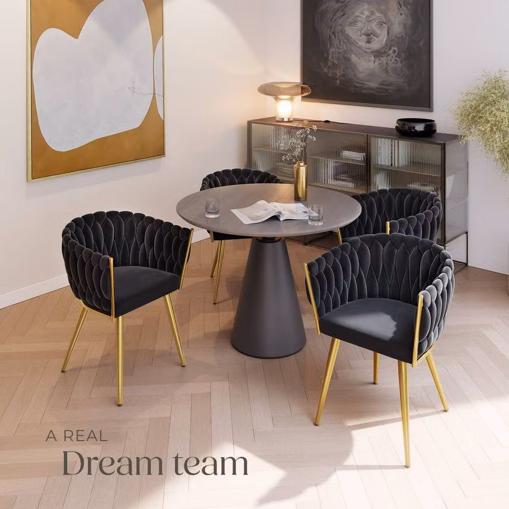 tectake Astano Dining Chair Set of 4, Black Velvet with Metal Frame and Modern Knot Design – 7