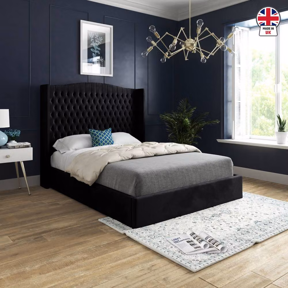 KDMD Stockport Winged Upholstered Designer Bed Frame in Black Soft Velvet, Size: 90 x 200 cm – 3