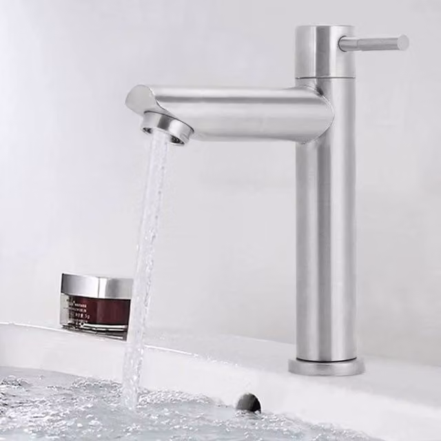 FLAVORA Single Lever Traditional Basin Sink Tap in Brushed Silver Stainless Steel