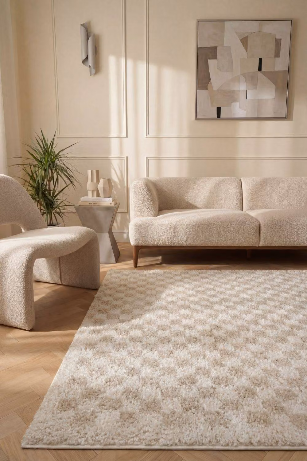 THE RUGS Moodi Chequered Shaggy Soft High Pile Living Room Rug and Runner in Light Beige, W: 80 cm, L: 300 cm – 3