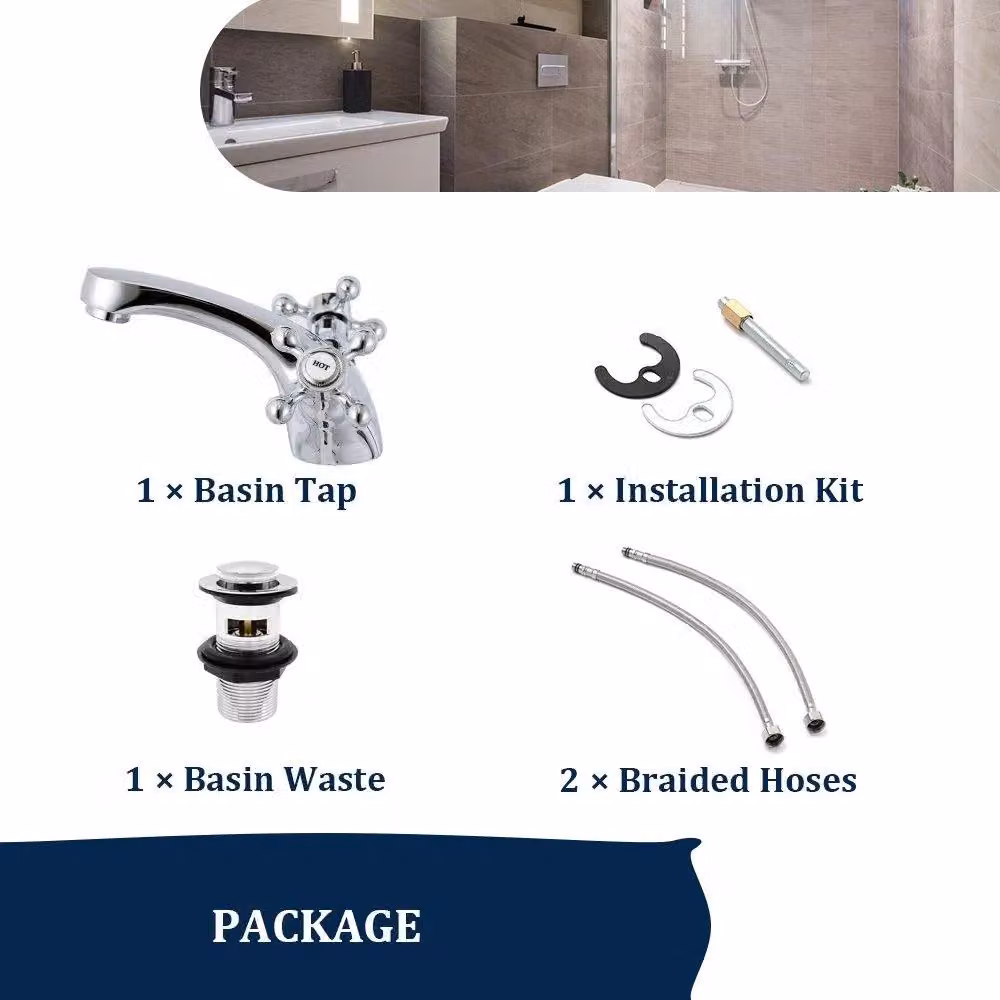 BATHWEST Silver Chrome Brass Basin Sink Mixer Tap with Twin Cross Handles and Pop Up Waste – 4