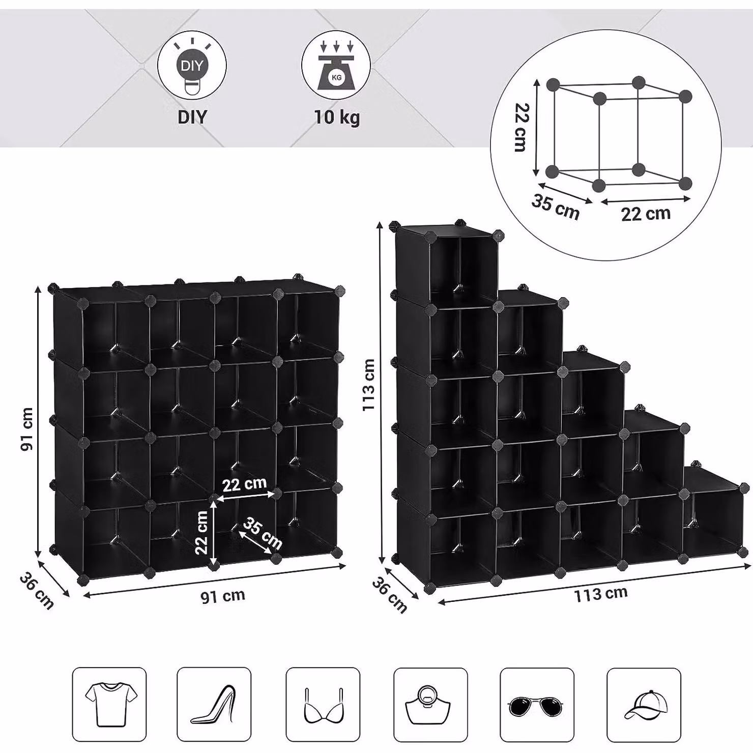 SONGMICS 16-Cube DIY Stackable Storage System Closet Divider in Black – 2