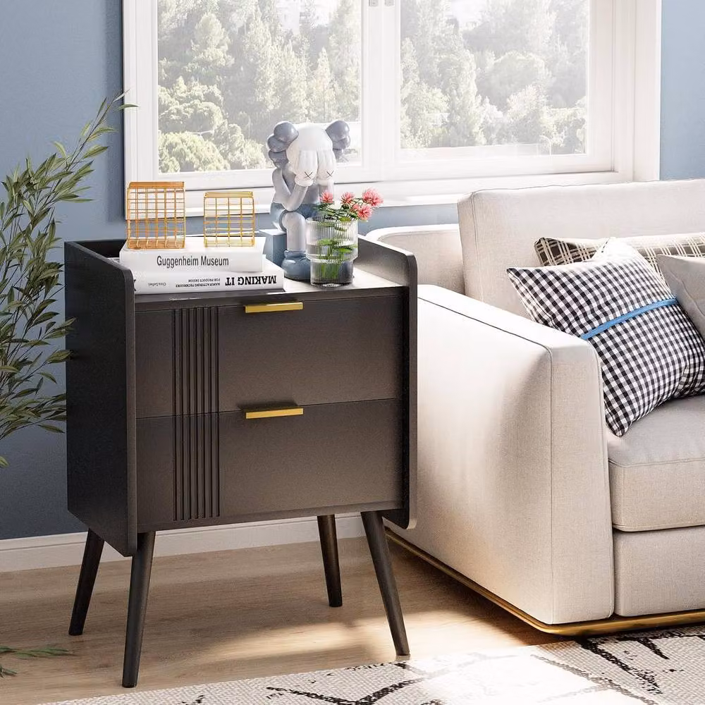 Huhote Black Bedside Table Cabinet with 2 Drawers and Wooden Legs – 2