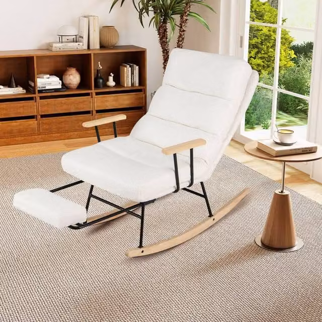 Costway Nursery Rocking Chair in White Teddy Velvet and Bouclé Upholstery with Armrests – 1