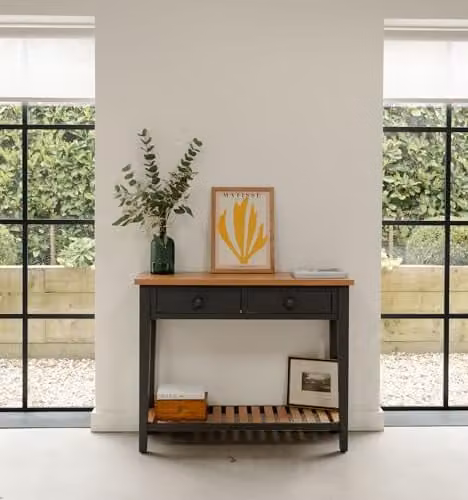 Ludlow Statement Furniture Console Table with Drawers and Oak Top in Slate Grey, W: 102 cm, H: 80 cm, D: 30.4 cm