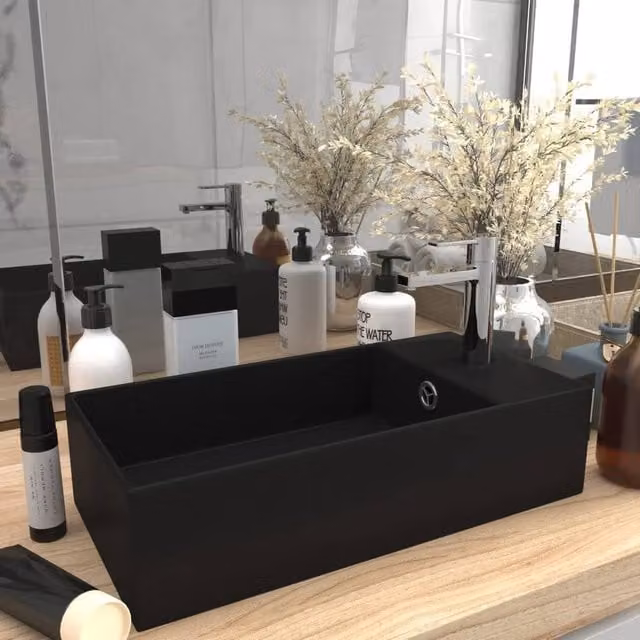 Berkfield Home Rectangular Ceramic Countertop Bathroom Sink with Overflow in Matt Black