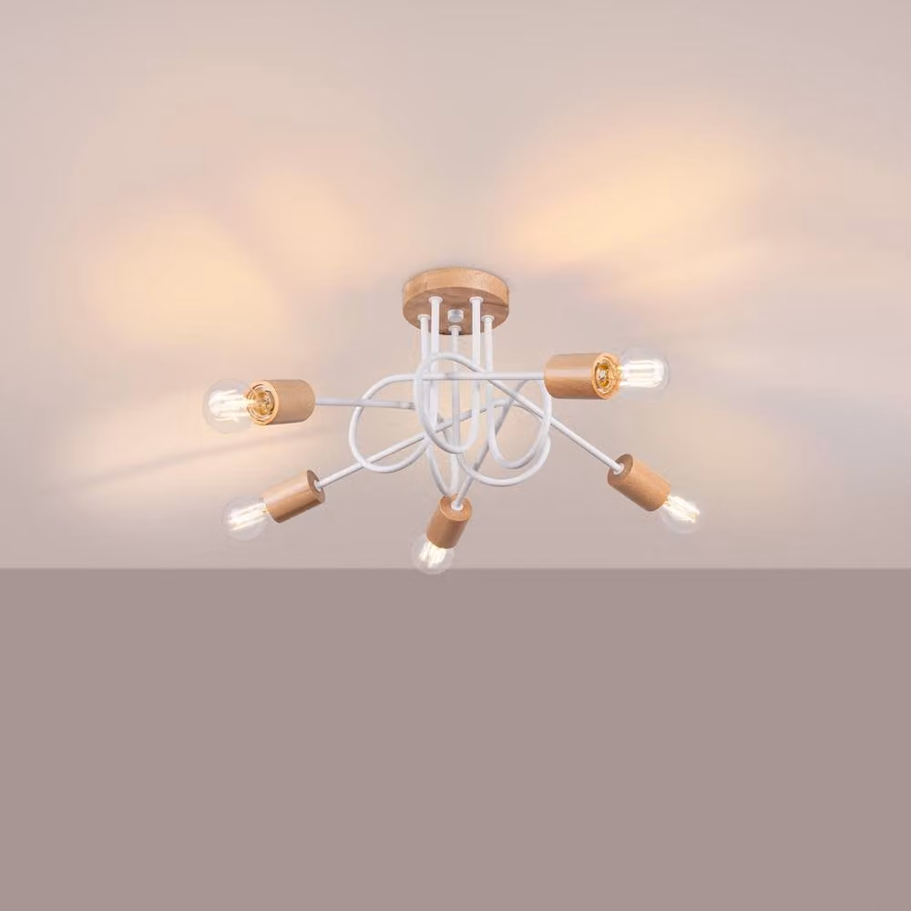 Sollux Lighting Minimalist White and Wood 5-Light Ceiling Chandelier W/D/H: 26 x 15 x 61 cm – 2