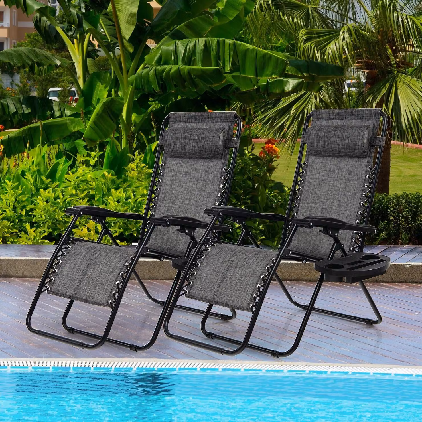 Costway Set of 2 Grey Zero Gravity Folding Recliner Chairs with Removable Headrests for Garden and Terrace – 3