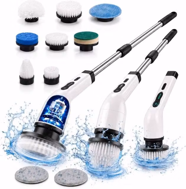 Keplin Cordless Electric Spin Scrubber 9-in-1 Grout and Scrubbing Brush Set with Extension Pole in White