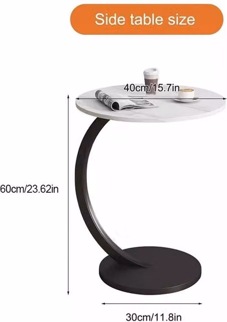 FLAVORA Modern C-Shaped Side Table in Black and White with Rotating Round Top, W/D/H: 60 x 40 x 40 cm