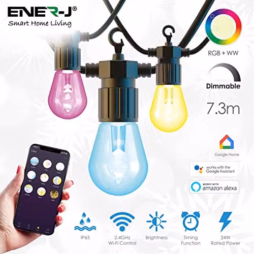 E Smart Wi-Fi RGB+WW LED Sphere String Light with 12 Bulbs and Power Supply, Multicolour, 7.3m – 2