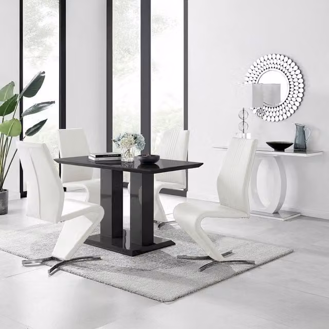 FurnitureboxUK Imperia 4 Modern Black High Gloss Rectangular Dining Table and 4 Luxury Willow Chairs Set in White