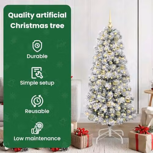 vidaXL Artificial Hinged Christmas Tree in Green, White and Gold, Height: 150 cm – 4