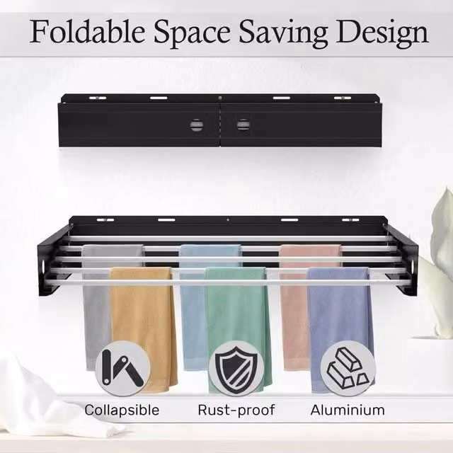 FLAVORA Wall Mounted Foldable Metal Towel Drying Rack and Airer in Black, W: 100 cm, D: 15 cm