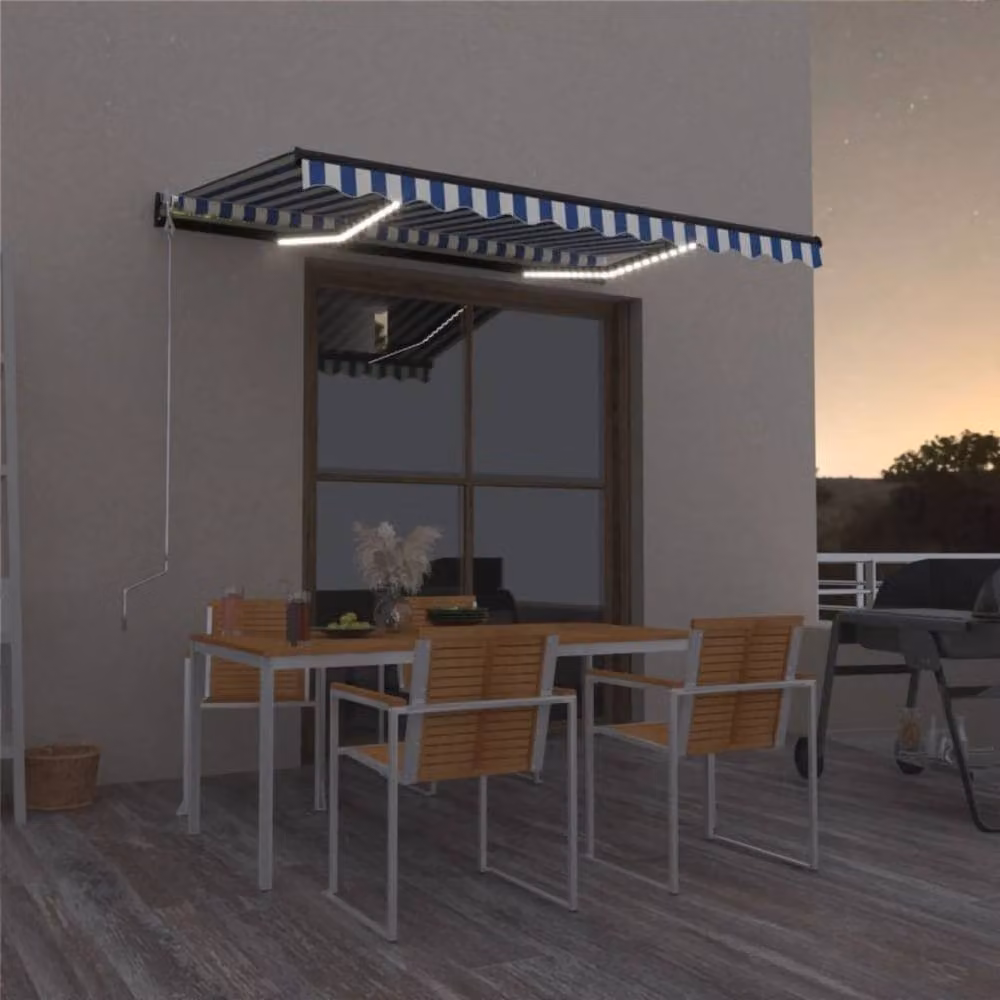Berkfield Home Manual Retractable Awning with LED, Blue and White Striped, W: 400 cm, D: 300 cm – 2