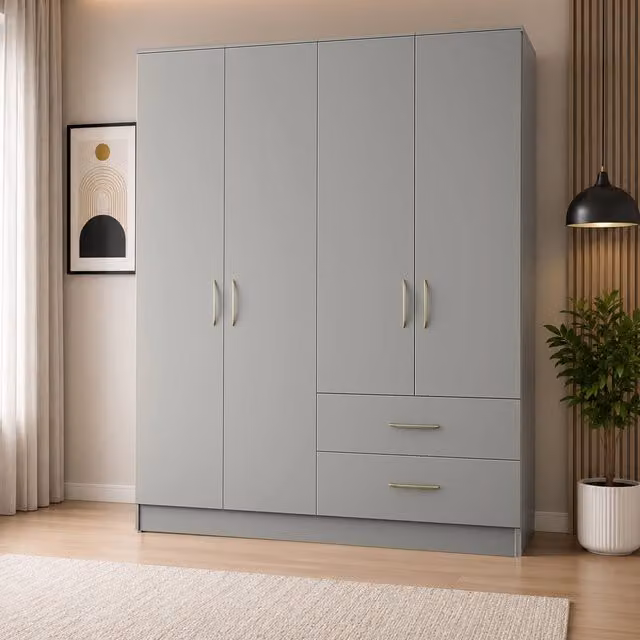 KDMD Venice Grey 4 Door Wardrobe with 2 Integrated Drawers, W/D/H: 160 x 50 x 160 cm – 1