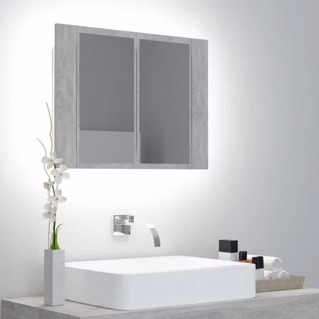 Berkfield Home LED Bathroom Mirror Cabinet in Concrete Grey, W/D/H: 60 x 12 x 45 cm