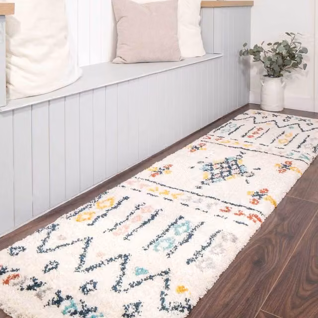 The Rug House Boho Aztec Moroccan Shaggy Living Area Rug, Multicolour and Beige, W: 240 cm, D: 60 cm