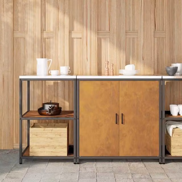 Berkfield Home 2-Piece Modern Freestanding Metal Storage Set with Hinged Doors and Open Shelves in Brown Rusty Weathering Steel